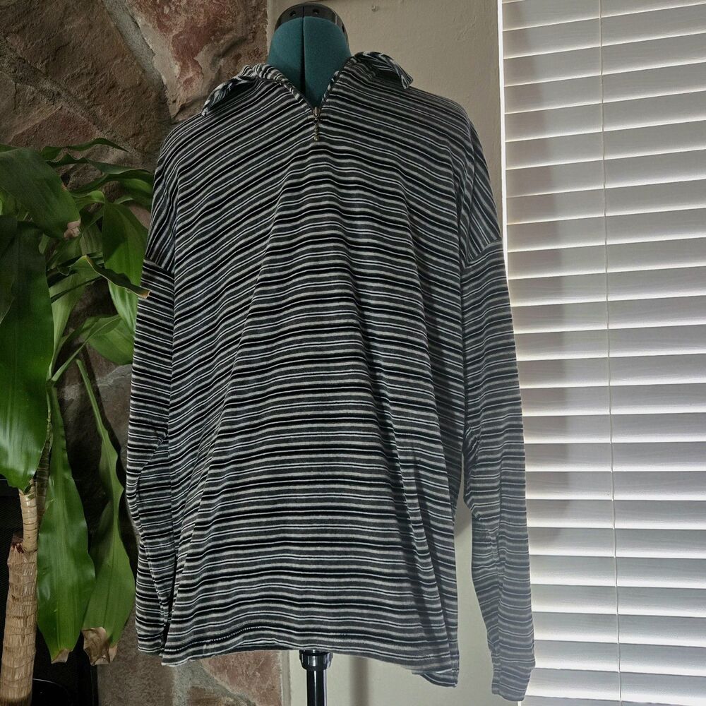 Vintage 90s Metro One Black Grey Stripe Velour Quarter Zip Skater Grunge Gorp